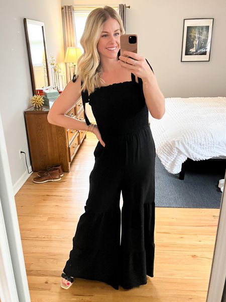 I LOVE this jumpsuit! The wide leg is so fun and the tie shoulders! Wearing size small. 5’5” for height reference. 

#LTKSeasonal #LTKsalealert #LTKunder50