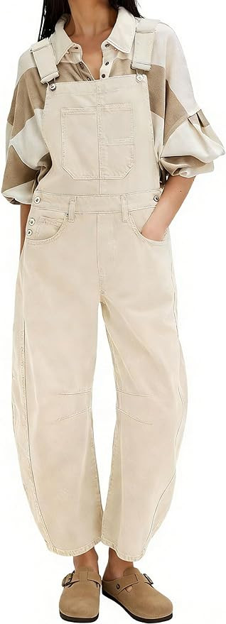 Women Casual Denim Bib Overalls Baggy Barrel Jeans Y2k Wide Leg Denim Jumpsuit Mid Rise Boyfriend... | Amazon (US)