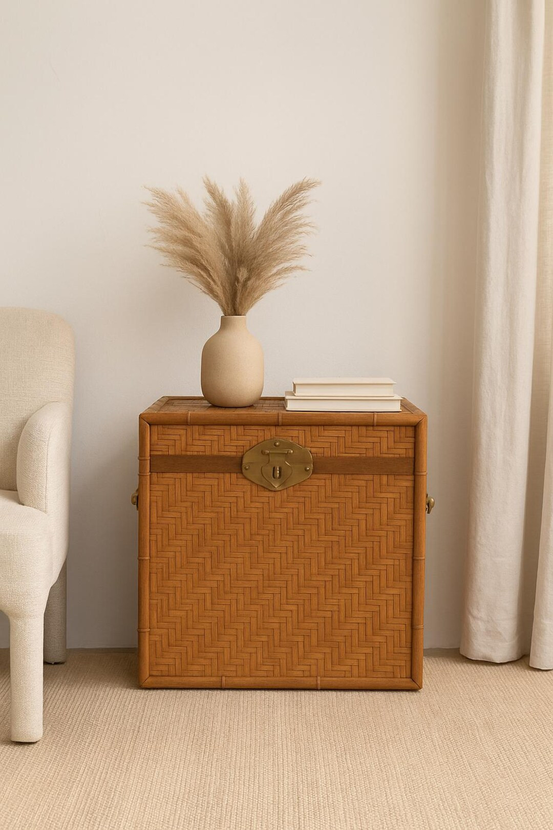 Vintage Woven Trunk, Boho Chic Bamboo Side Table With Brass Hardware - Etsy | Etsy (US)