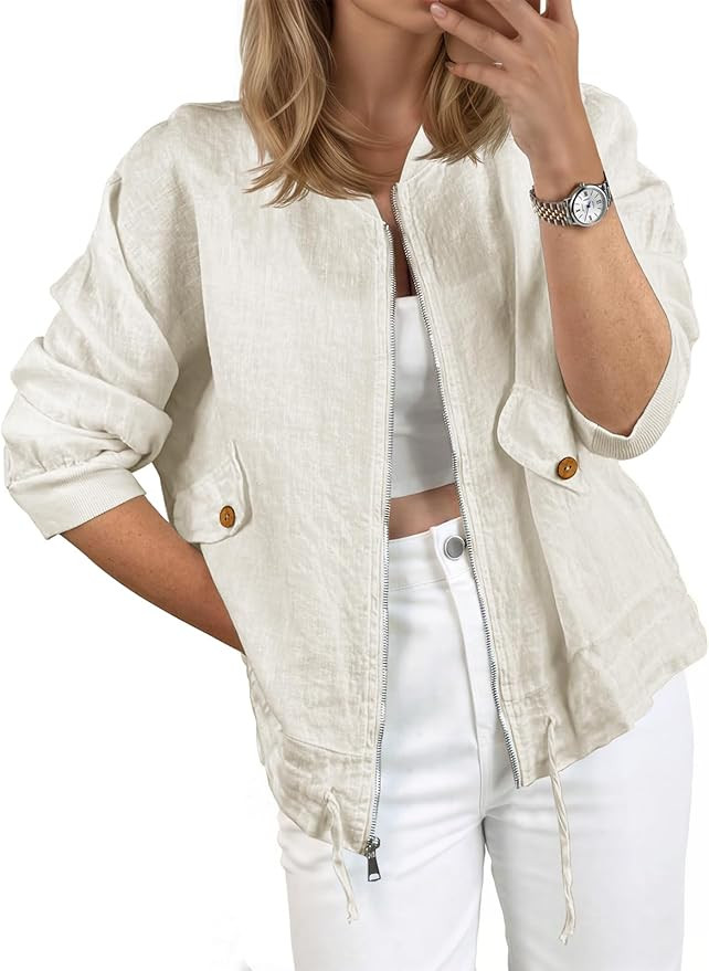 Tankaneo Womens Lightweight Bomber Jackets Casual Zip Up Drawstring Cotton Linen Jacket With Pock... | Amazon (US)