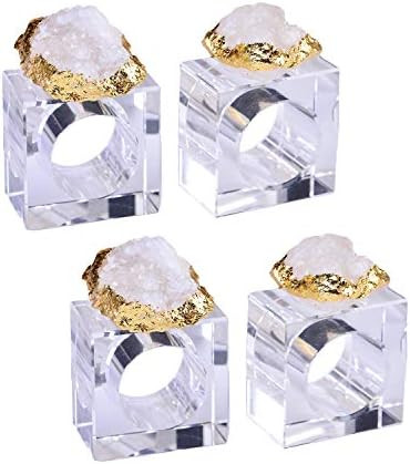 AMOYSTONE Square White Quartz Serviette Rings Set of 4 Crystal Cluster Napkin Holder Decorative I... | Amazon (US)