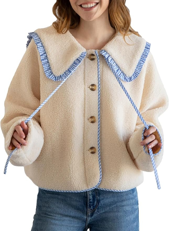 Chaqueta de forro polar Sherpa con cuello Peter Pan para mujer, con botones, acogedora para otoñ... | Amazon (US)