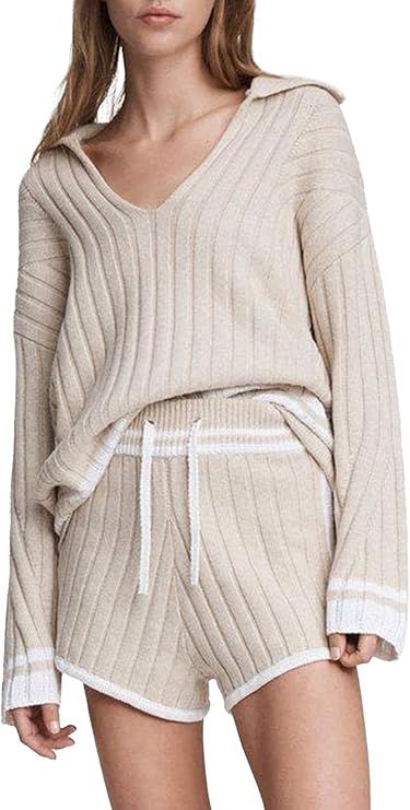 Fixmatti Women 2 Piece Knit Outfits Long Sleeve Sweater Top and Shorts Sweatsuits Set | Amazon (US)