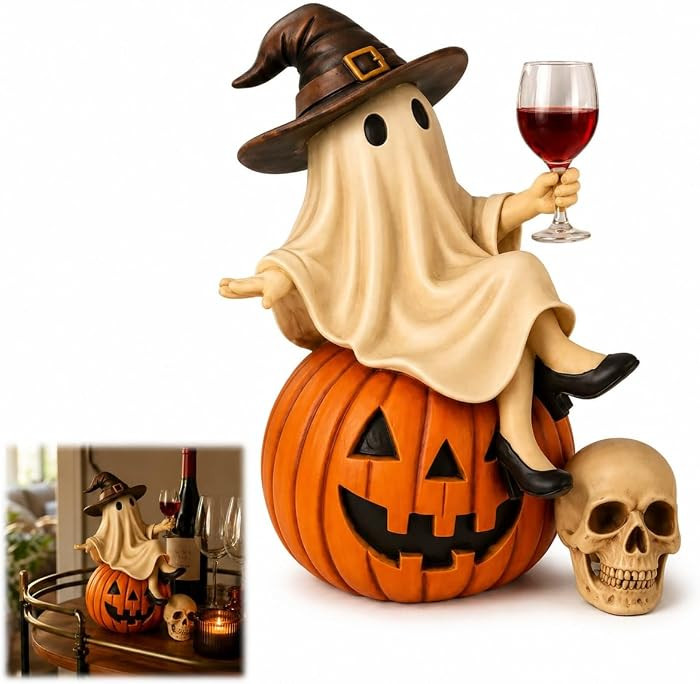 Ghost Wine Night Halloween Decor, Spooky Witch Figurine Sitting on Pumpkin with Wine Glass, Vintage Bar Tabletop Accessory for Home Party Decor Gift & Home, and Fun Adult Gift | Amazon (US)