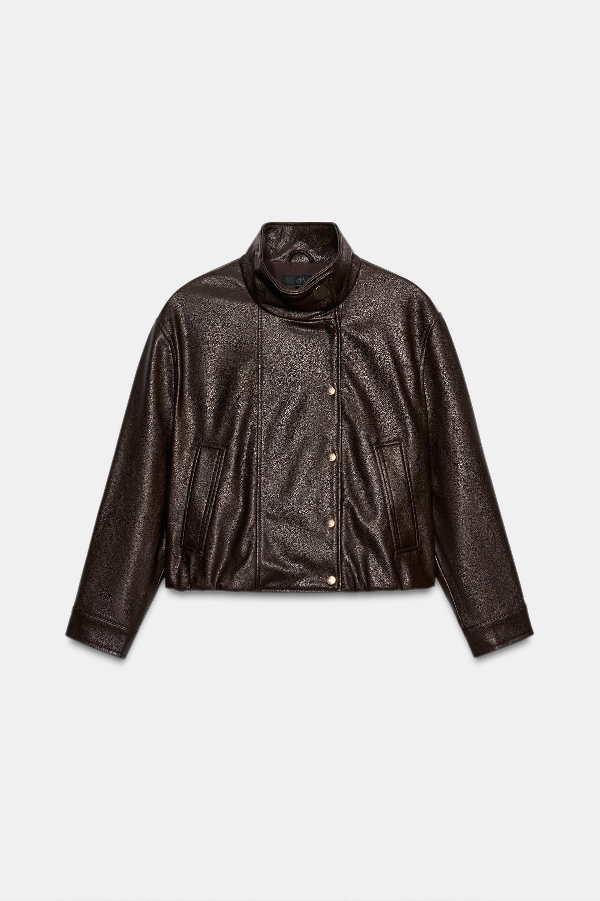 Zara - High-Neck Leather Effect Bomber Jacket - Brown - L - Woman | Zara UK