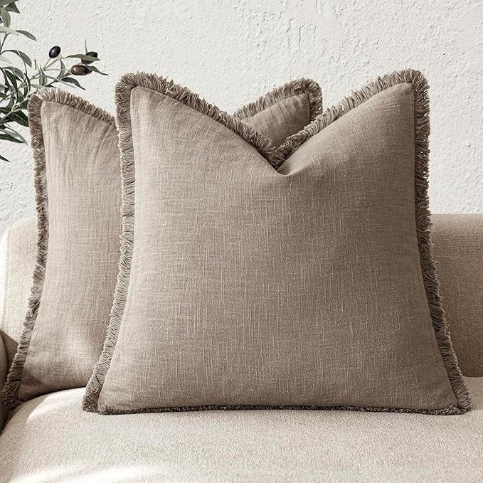 Foindtower Set of 2 Decorative Linen Fringe Throw Pillow Covers Boho Farmhouse Cushion Cover with... | Amazon (US)