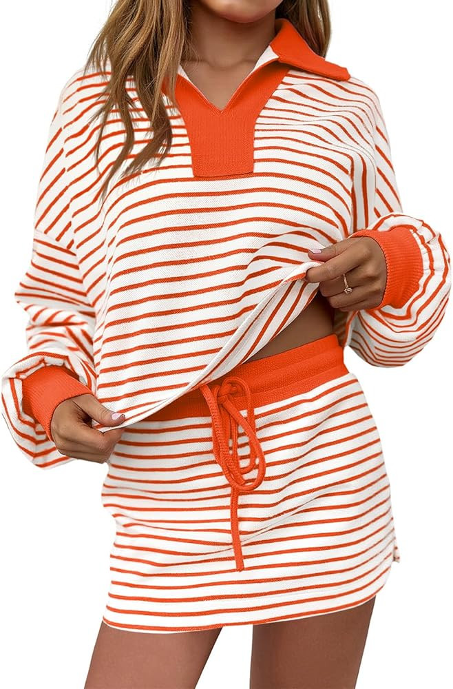 Fisoew Womens Striped 2 Piece Outfits Casual Sweatshirt Skirt Set Long Sleeve Skort Workout Set M... | Amazon (US)