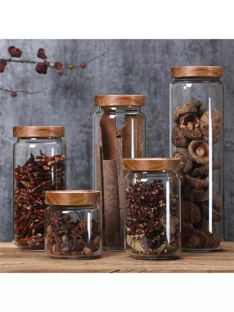 Wood Lid Glass Airtight Canister Kitchen Storage Bottles Jar