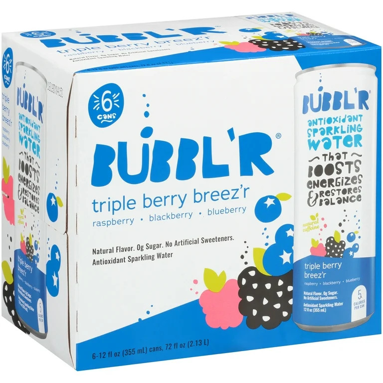 BUBBL'R Antioxidant Sparkling Water, Triple Berry Breez'r, 12 fl oz, 6 Pack Cans | Walmart (US)