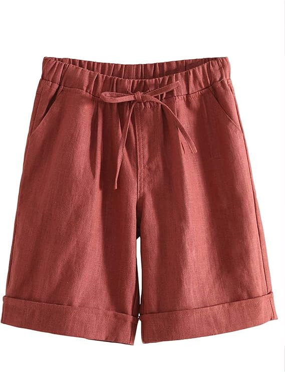 Tanming Women's Summer Casual Elastic Drawstring Rolled Hem Bermuda Shorts with Belt | Amazon (US)
