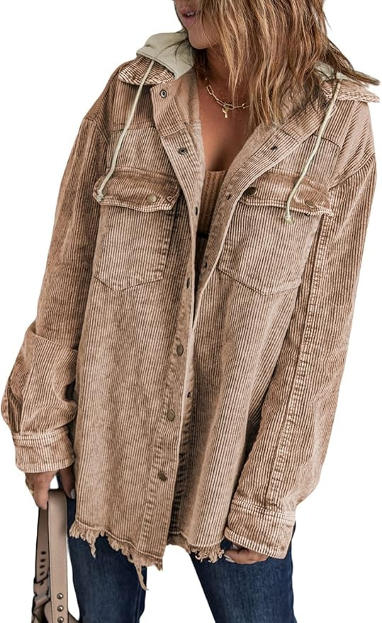 Dokotoo Womens 2022 Fall Corduroy Shacket Jacket Long Sleeve Button Down Color Block Hooded Coat ... | Amazon (US)