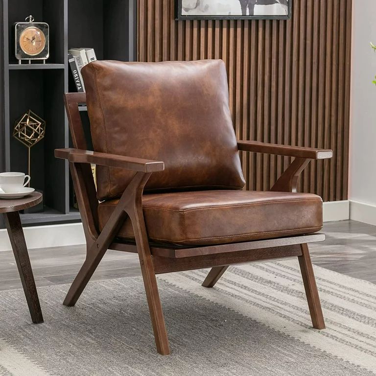 Bonzy Home Mid-Century Modern Accent Chair, Upholstered Leather Arm with Solid Wood Frame & Remov... | Walmart (US)