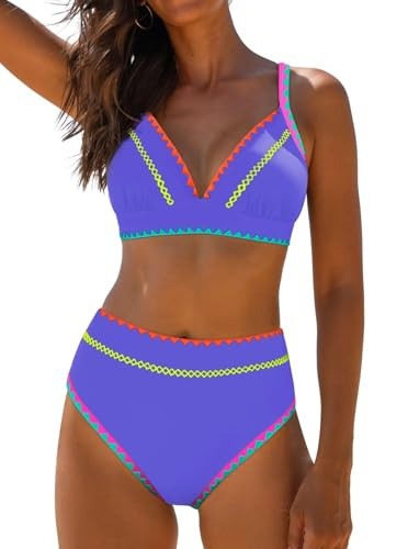 popvil High Waisted Bikini Sets for Women Two Piece Neon Swimsuits 2026 Full Coverage V Neck Mid Rise Flattering Bathing Suits Ladies Mom Beach (Purple) | Amazon (US)