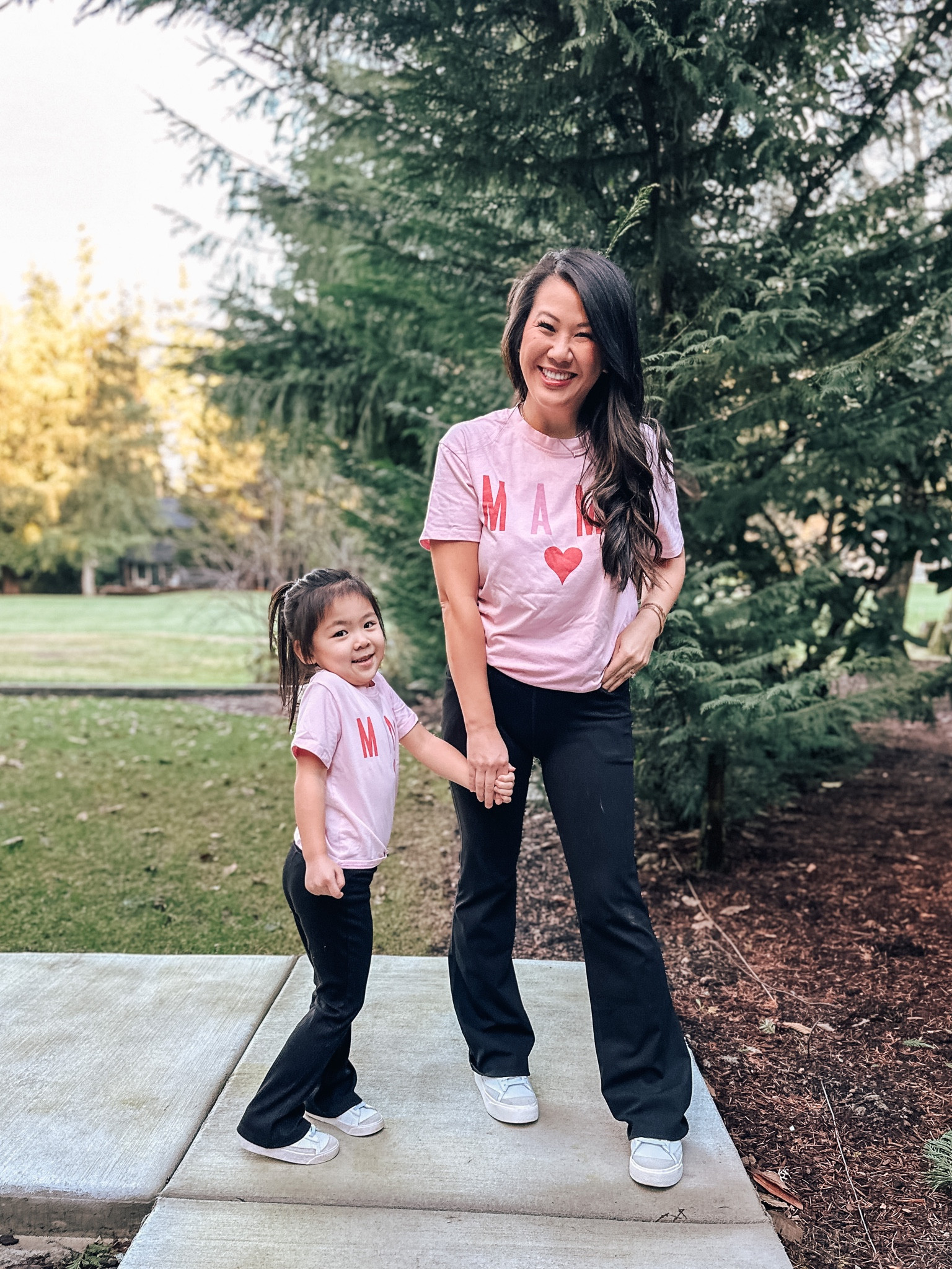 Mans and mini tees
Flare yoga pants
Nike sneakers 

#LTKFind #LTKfamily #LTKkids