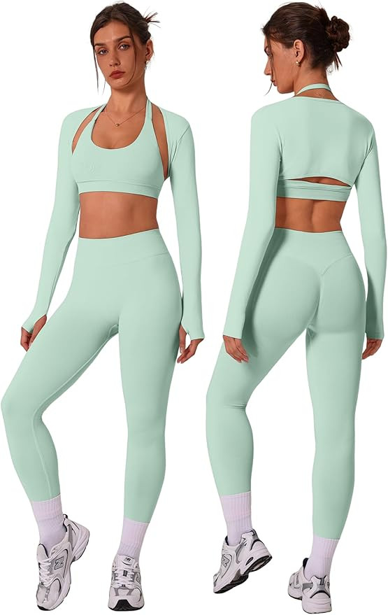 3 Piece Workout Sets for Women Seamless Halter Sports Bra High Waist Leggings Long Sleeve Shrug G... | Amazon (US)
