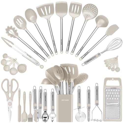 Kitchen Utensil Set-Silicone Cooking Utensils-33 Kitchen Gadgets & Spoons for Nonstick Cookware-Silicone and Stainless Steel Spatula Set-Best Kitchen Tools, Useful Pots (Khaki) | Amazon (US)