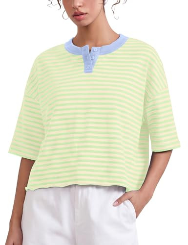 Meladyan Women's Stripes Henley T Shirts Cropped Boxy Tees Oversized Crewneck Short Sleeve T-Shir... | Amazon (US)