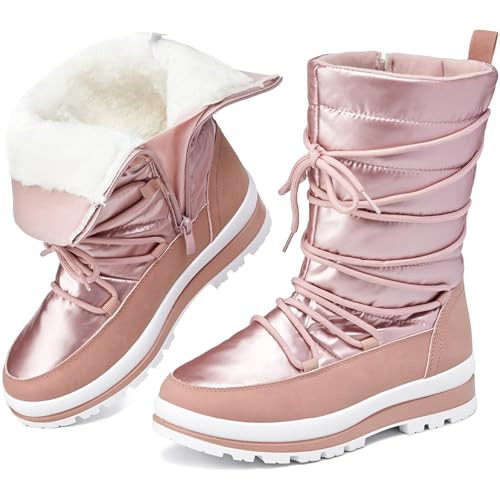 Snow Boots for Women Fur Winter Boots Waterproof Ski Boots Women's Mid Calf Boots Furry White Lac... | Amazon (US)