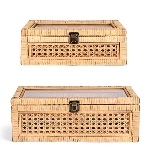Rattan Decorative Box with Lid, Rectangular Woven with Glass for Display, Set of 2 Wicker for Dec... | Amazon (US)