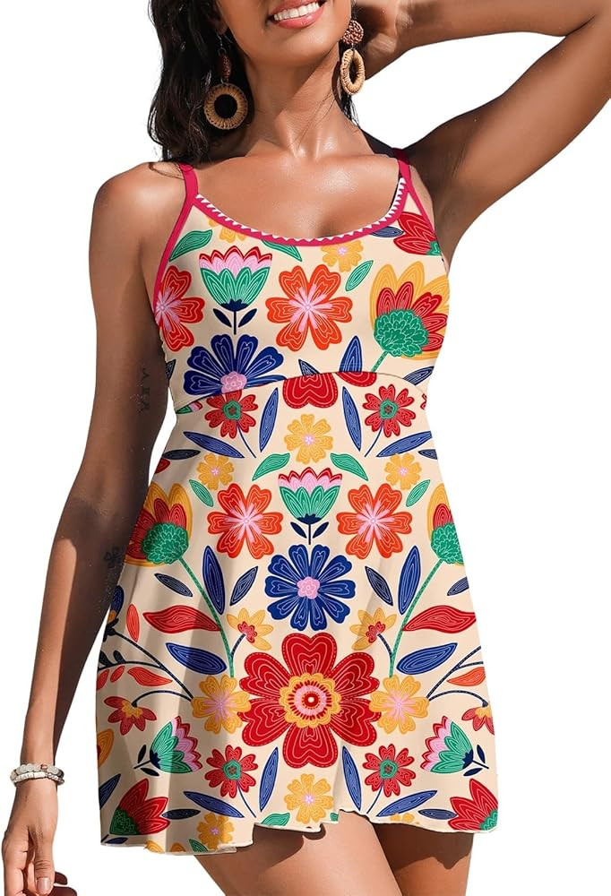 Aleumdr Women's One Piece Swimsuit Floral Print Whip Stitch Tummy Control Swimdress Skirt Bathing... | Amazon (US)