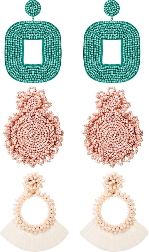 3 Pairs Statement Drop Beaded Earrings Handmade Tassel Fringe Dangle Earrings and Wire Wrap Squar... | Amazon (US)