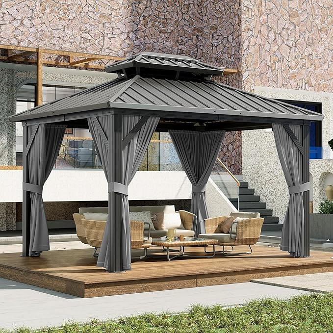 10x12ft Gazebo, Hardtop Double Roof Canopy with Netting and Curtains, Wood Grain Outdoor Gazebo G... | Amazon (US)