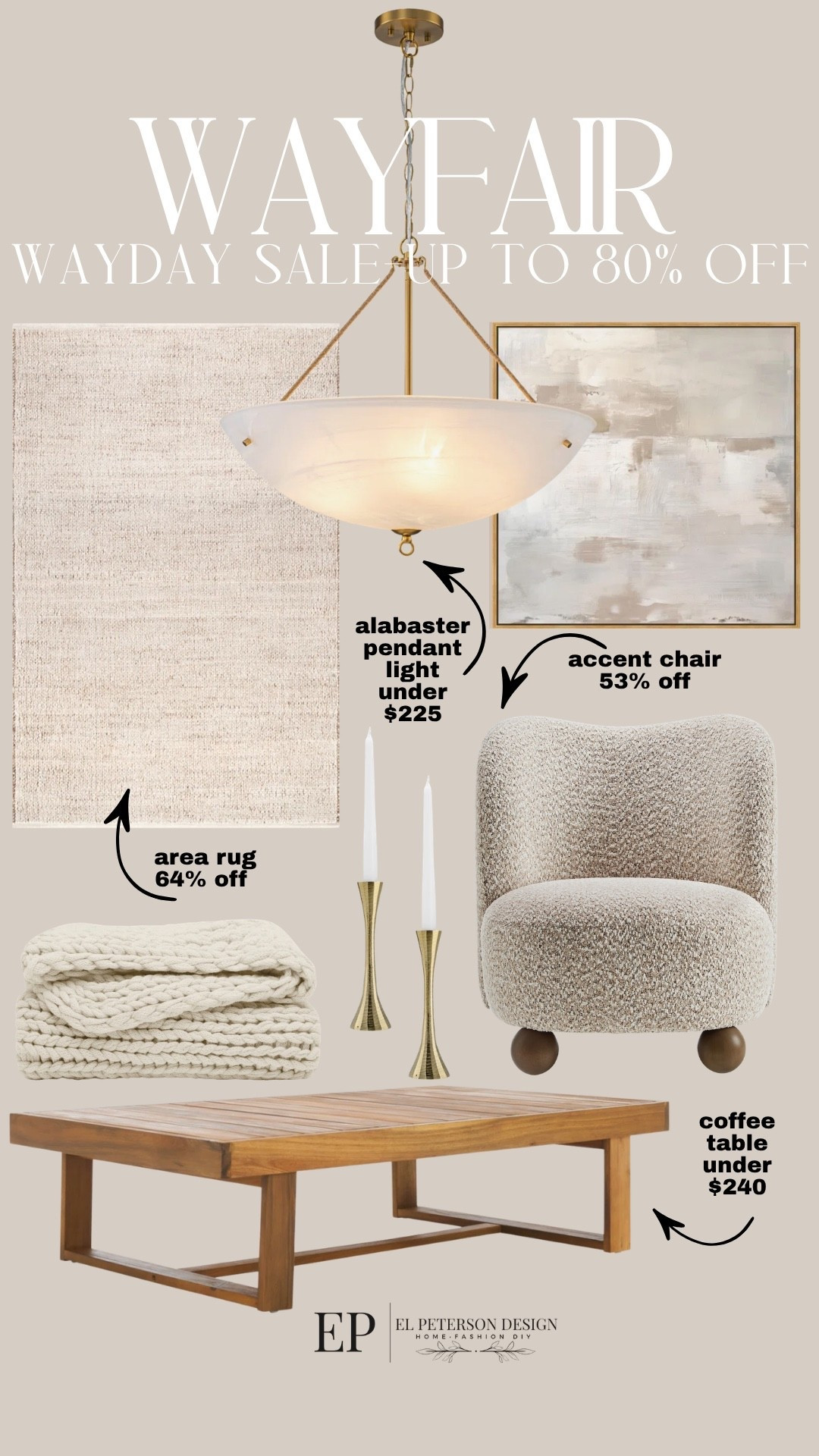 Wayfair Wayday Sale
Area rug
Pendant light
Artwork
Accent chair
Blanket
Candle holder
Coffee table 

#LTKHome #LTKSaleAlert