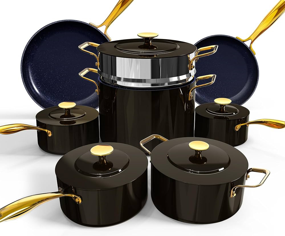 Nuwave Lux LE 13-Pc Cookware Set with Elegant Gold Handle, Diamond Infused Ceramic Non-Stick, PFA... | Amazon (US)