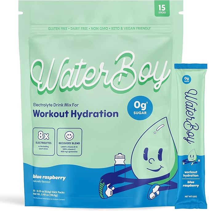 Waterboy Workout Hydration | 2,960mg Sugar Free Electrolyte Powder Packets | L-Glutamine + Vitami... | Amazon (US)