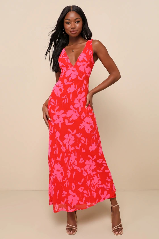 Bright Charisma Red and Pink Floral Print Slip Maxi Dress | Lulus