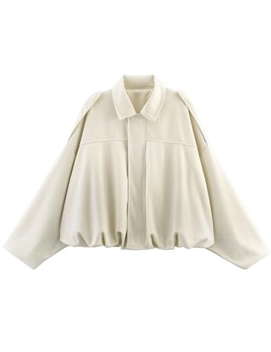 VOROFY Women's Cropped Faux Suede Bomber Jacket Fall Casual Oversized Shacket Coat Long Sleeve Trendy Outerwear (Beige-L) | Amazon (US)