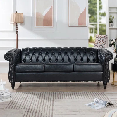 Stylish Rolled Arm Chesterfield 3 Seater Sofa With Soft PU Leather And Easy-Clean Birch Legs, Perfect For Modern Living Rooms | Wayfair North America