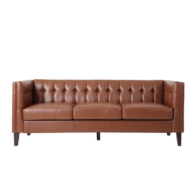 Pondway Contemporary Faux Leather Tufted 3 Seater Sofa Cognac Brown/Brown - Christopher Knight Ho... | Target