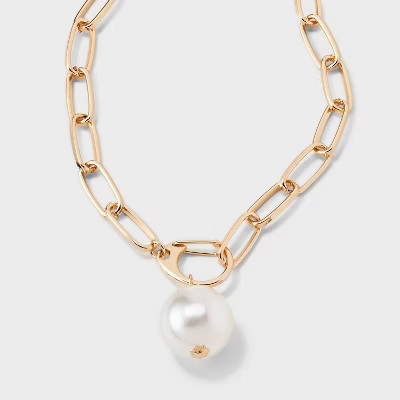 Large Pearl Pendant Link Chain Drop Necklace - A New Day™ Gold | Target