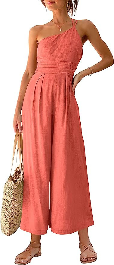 ANRABESS Women's Summer Straps One Shoulder Pleated High Waist Casual Wide Leg Jumpsuit Romper wi... | Amazon (US)
