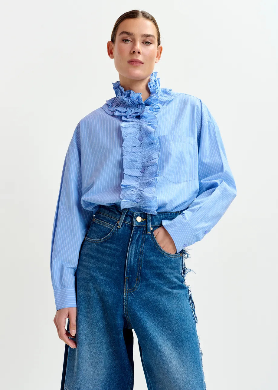 Blue and white oversized striped cotton shirt with ruffle details | Essentiel Antwerp United Stat... | Essentiel Antwerp
