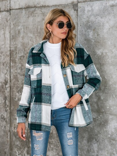 Flap Pocket Plaid Coat | SHEIN