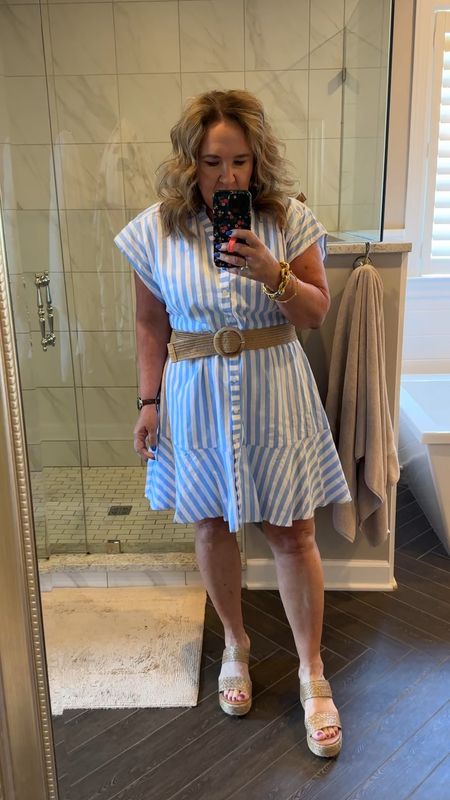 Dress size XXL yes, size up!!! 
15% off code NANETTE15

Linking several raffia wedge slide options here.

If you wanted to elevate the look, add that cognac block heel. 

Wearing the Julie Vos blue chalcedony stone. A denim ish blue. Beautiful! 

Memorial Day outfit summer dress 

#LTKOver40 #LTKShoeCrush #LTKSeasonal