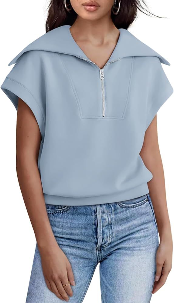 Zwurew Womens Tops Short Sleeve Shirts Half Zip Sweatshirt Summer Clothes 2024 Fashion | Amazon (US)