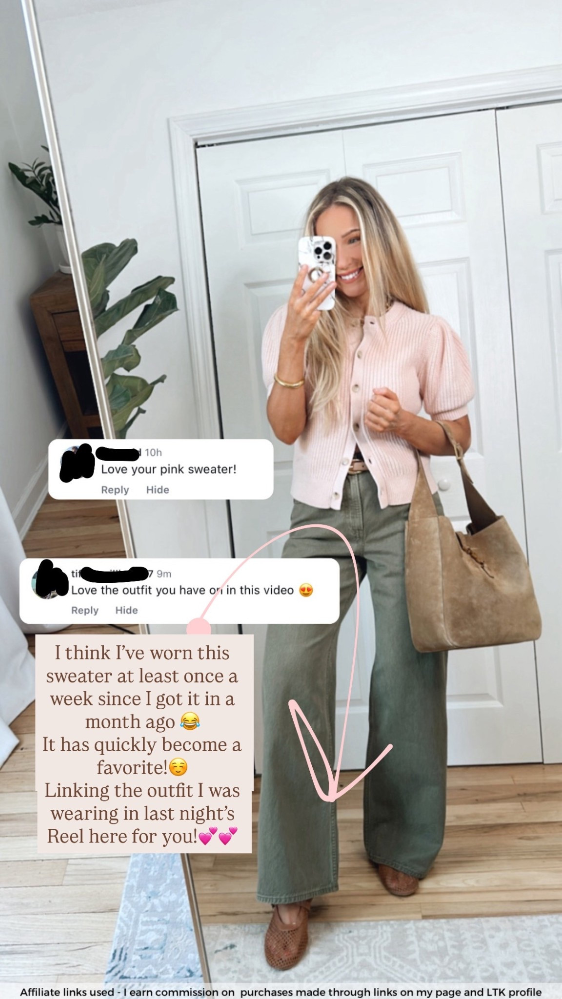 Casual spring outfit

Pink sweater
Abercrombie jeans olive green wide leg
Colorful outfit 