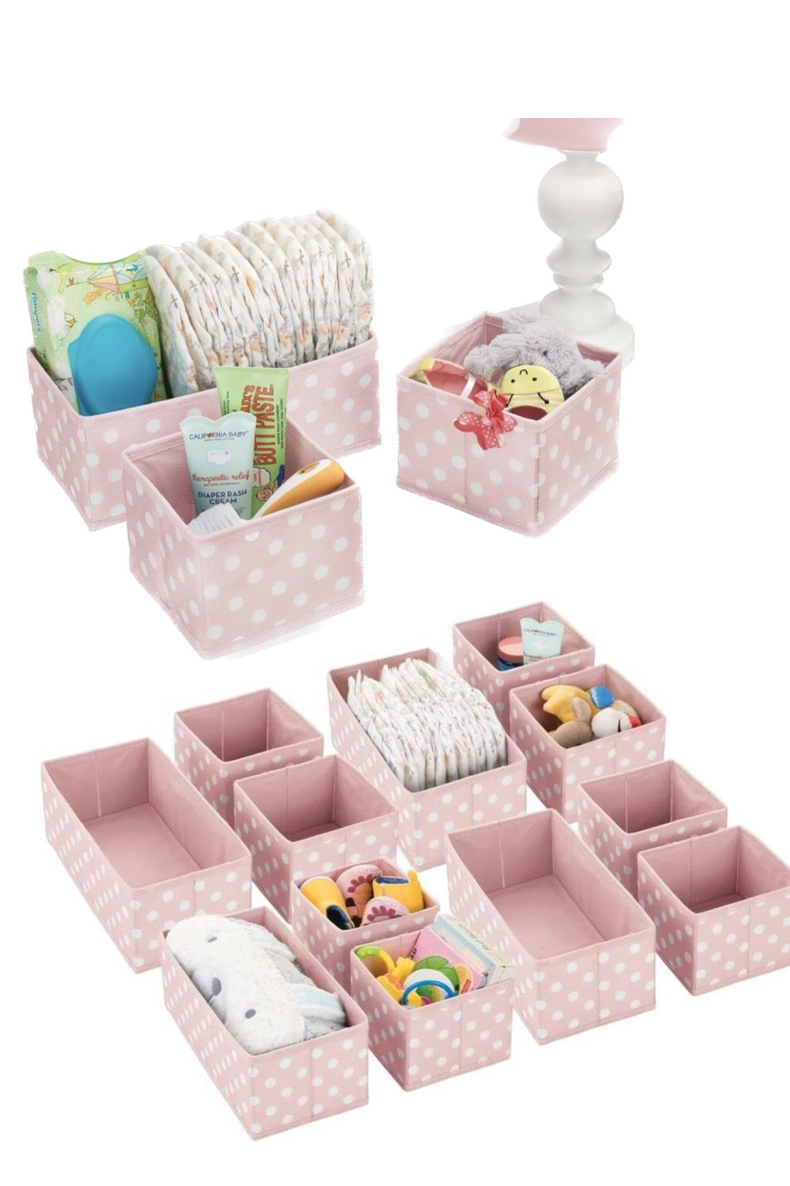 mDesign Contenedor organizador de cajones de tela, tocador de guardería/dormitorio, armario, estante, organización de sala de juegos, guardar ropa, juguetes, pañales, baberos, juego de 3, paquete de 4, lunares rosa/blanco

#LTKbaby #LTKGiftGuide #LTKkids