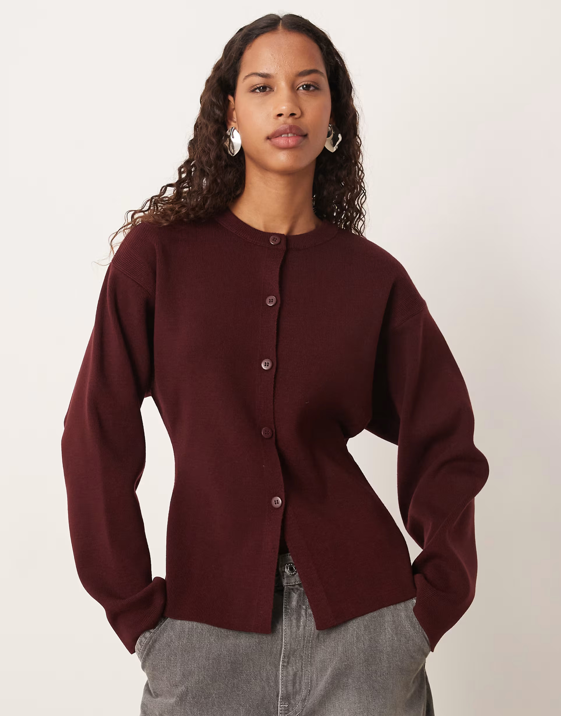 ASOS DESIGN knitted structured crew neck cardigan in plum | ASOS (Global)