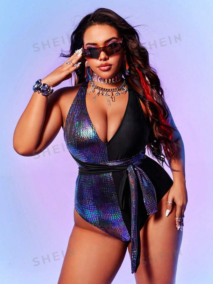 SHEIN Swim Event Plus Size Women's Fashionable Cross Strap One-Piece Swimsuit | SHEIN