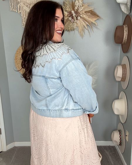 The denim jacket of my dreams 💙✨ Currently on sale and will be on repeat all Spring. Paired with an eyelet maxi dress 
Dress size 14 
Denim jacket XL

#LTKsalealert #LTKstyletip #LTKSeasonal