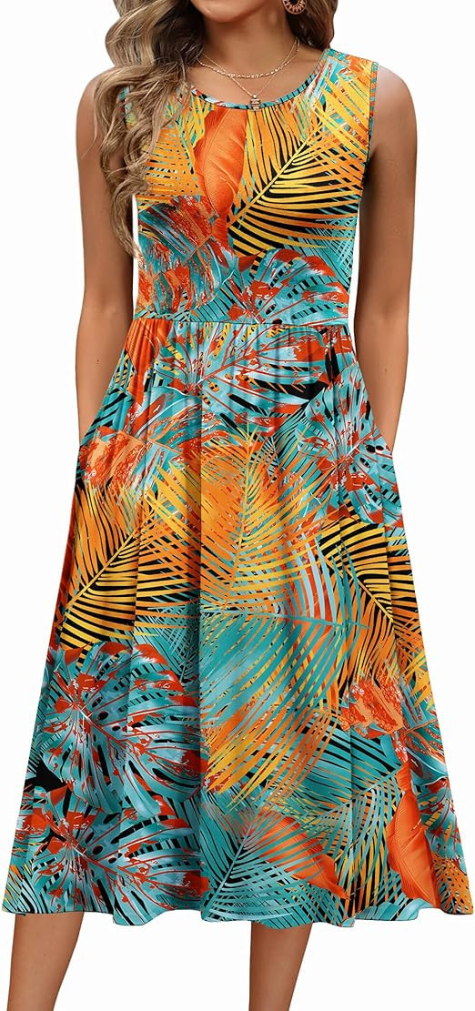 Zeagoo Women's Summer Tank Midi Dress with Pockets Floral Sleeveless A-Line Casual Loose T-Shirt ... | Amazon (US)