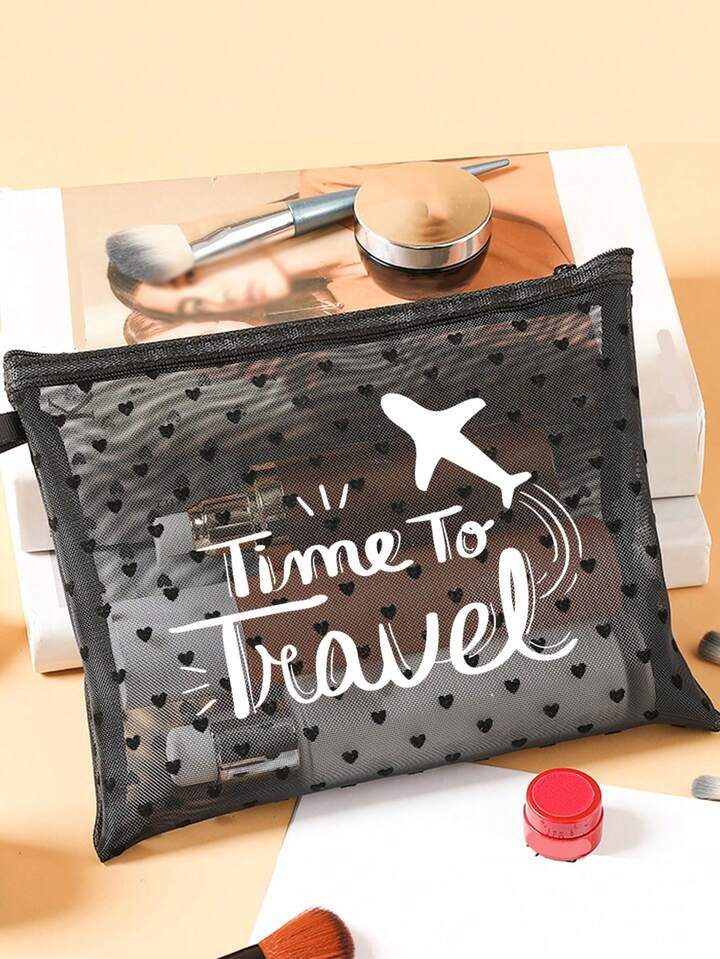Black Mesh Cosmetic Bag,Design With Airplane, "ALL MY AIRPLANE ",Air Cushion Storage Portable Sto... | SHEIN