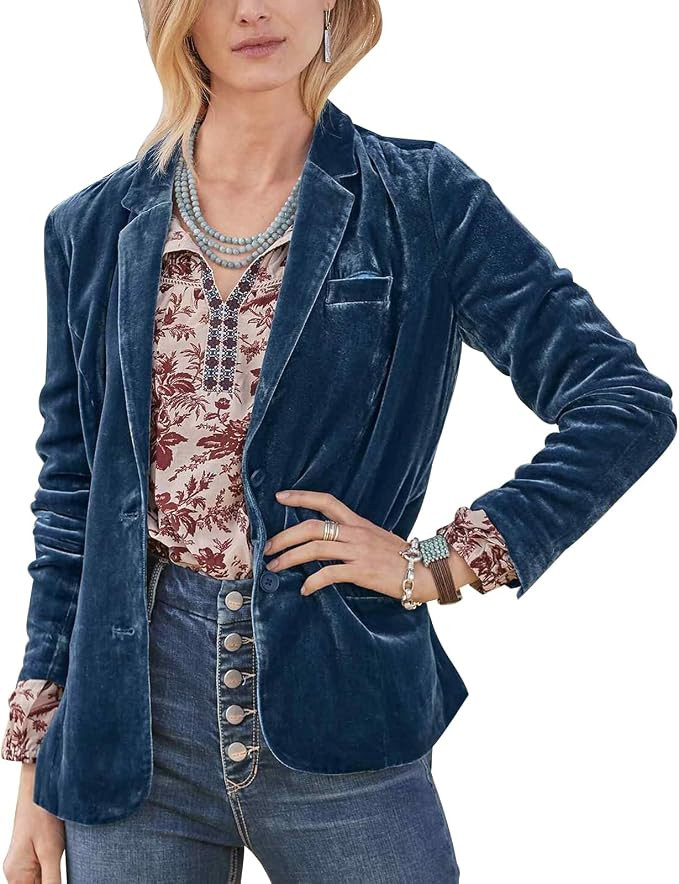 Women's Casual Velvet Blazer Lapel Button Long Sleeve Jacket Coat | With Pockets, Notched Lapel, ... | Amazon (US)