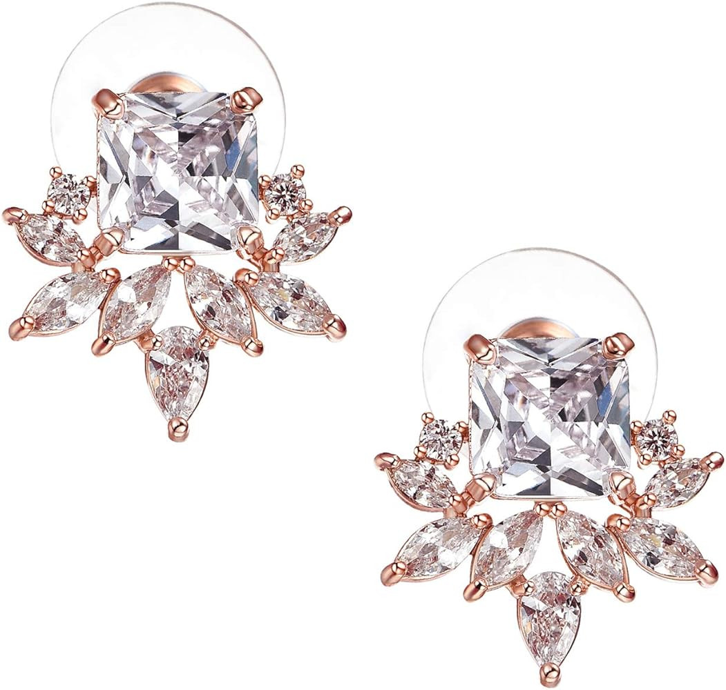 SWEETV CZ Cluster Bridal Wedding Bridesmaids Earrings, Crystal Stud Earrings for Women Girls | Amazon (US)