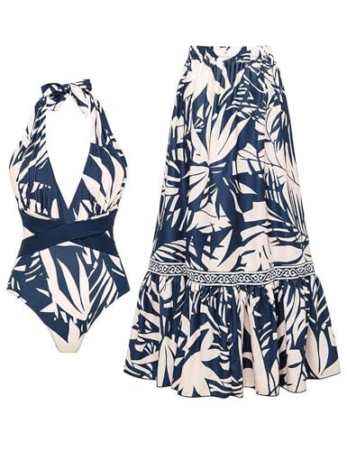 FLAXMAKER Women's One Piece V-Neck Adjustable Halter Leaf Print Bathing Suit Swimsuit and Skirt/Pants (US, Alpha, Small, Regular, Regular, Blue Swimsuit and Skirt) | Amazon (US)