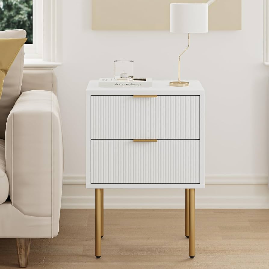Masupu Nightstand,Mid-Century Modern Bedside Table with 2 Storage Drawer,Small Gold Frame Side En... | Amazon (US)